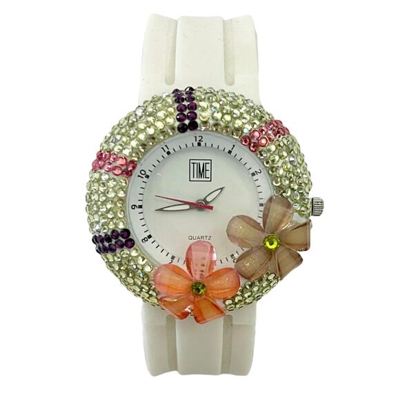 TIME Women's BEJEWELED FLORAL SILICONE Watch White - NEW BATTERY - Picture 1 of 5